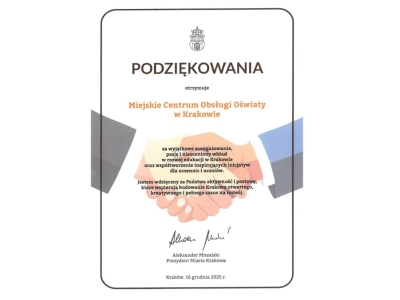 Podziękowania od Prezydenta Miasta Krakowa dla Miejskiego Centrum Obsługi Oświaty w Krakowie 