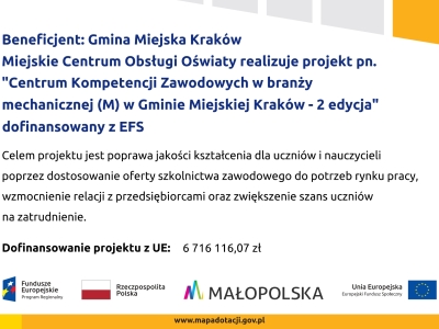 Projekt  Centrum Kompetencji Zawodowych w branży mechanicznej (M) w Gminie Miejskiej Kraków – 2 edycja 
