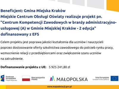 Projekt Centrum Kompetencji Zawodowych w branży administracyjno – usługowej (A) Gminie Miejskiej Kraków – 2 edycja