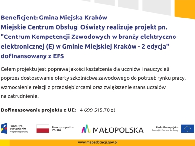 Projekt „Centrum Kompetencji Zawodowych w branży elektryczno–elektronicznej (E) w Gminie Miejskiej Kraków – 2 edycja