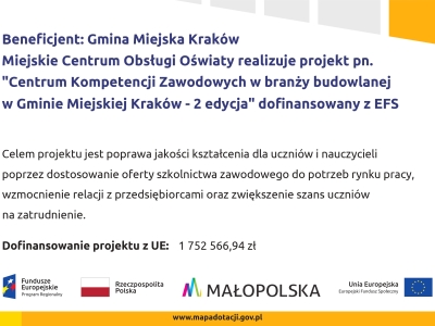 Projekt „Centrum Kompetencji Zawodowych w branży budowlanej (B) w Gminie Miejskiej Kraków – 2 edycja